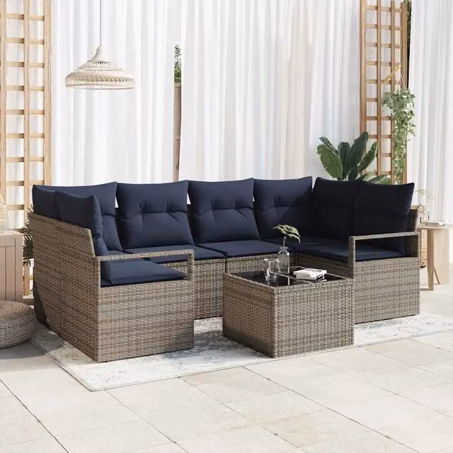 Set di divani 7 pz 6-Numero di posti Grigio e Blu polyrattan 3346285