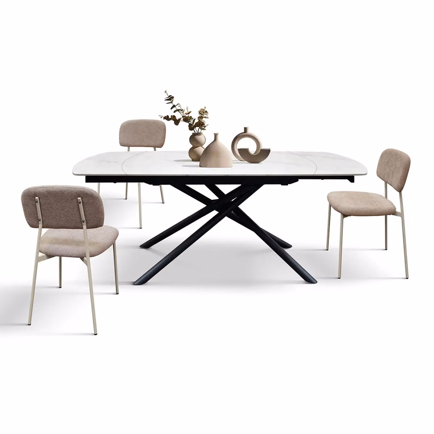 Tavolo BONIFACIO in ceramica bianco statuario e base in metallo verniciato nero, allungabile 120×88 cm – 180×88 cm