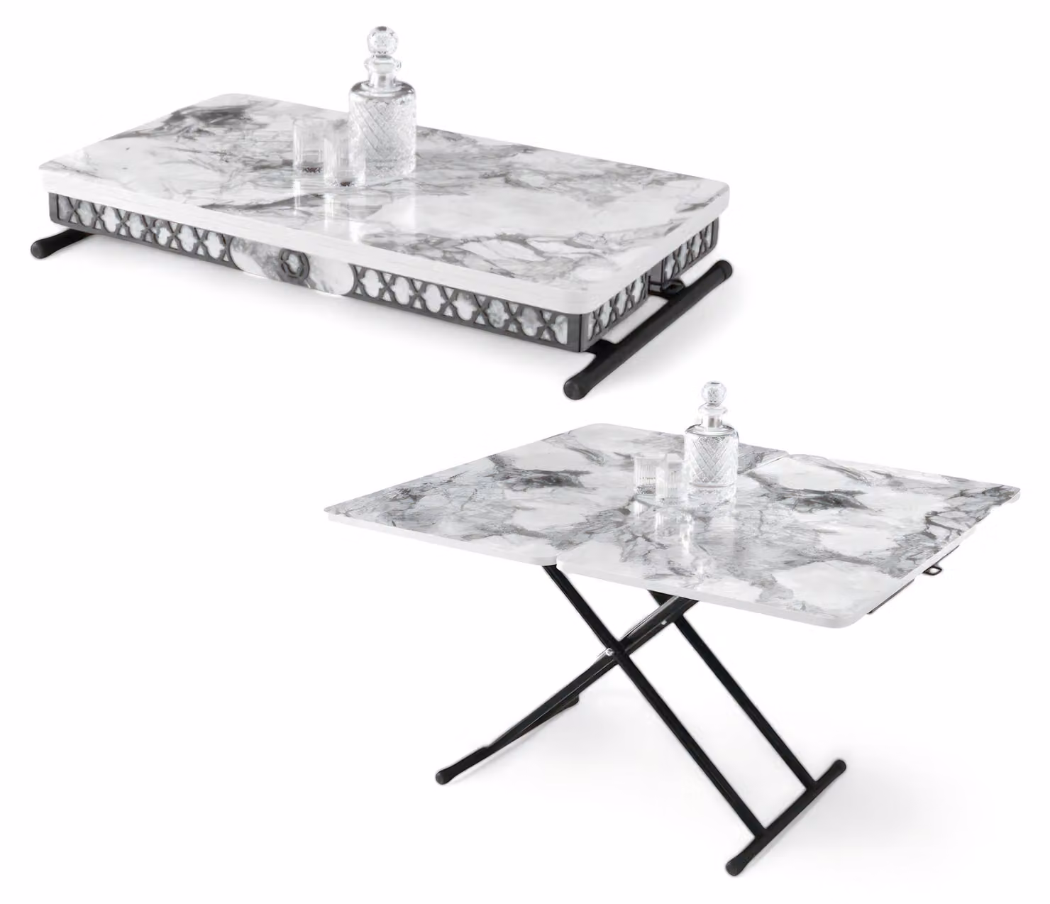 Tavolo da pranzo con struttura in metallo pieghevole e piano in marmo decorativo