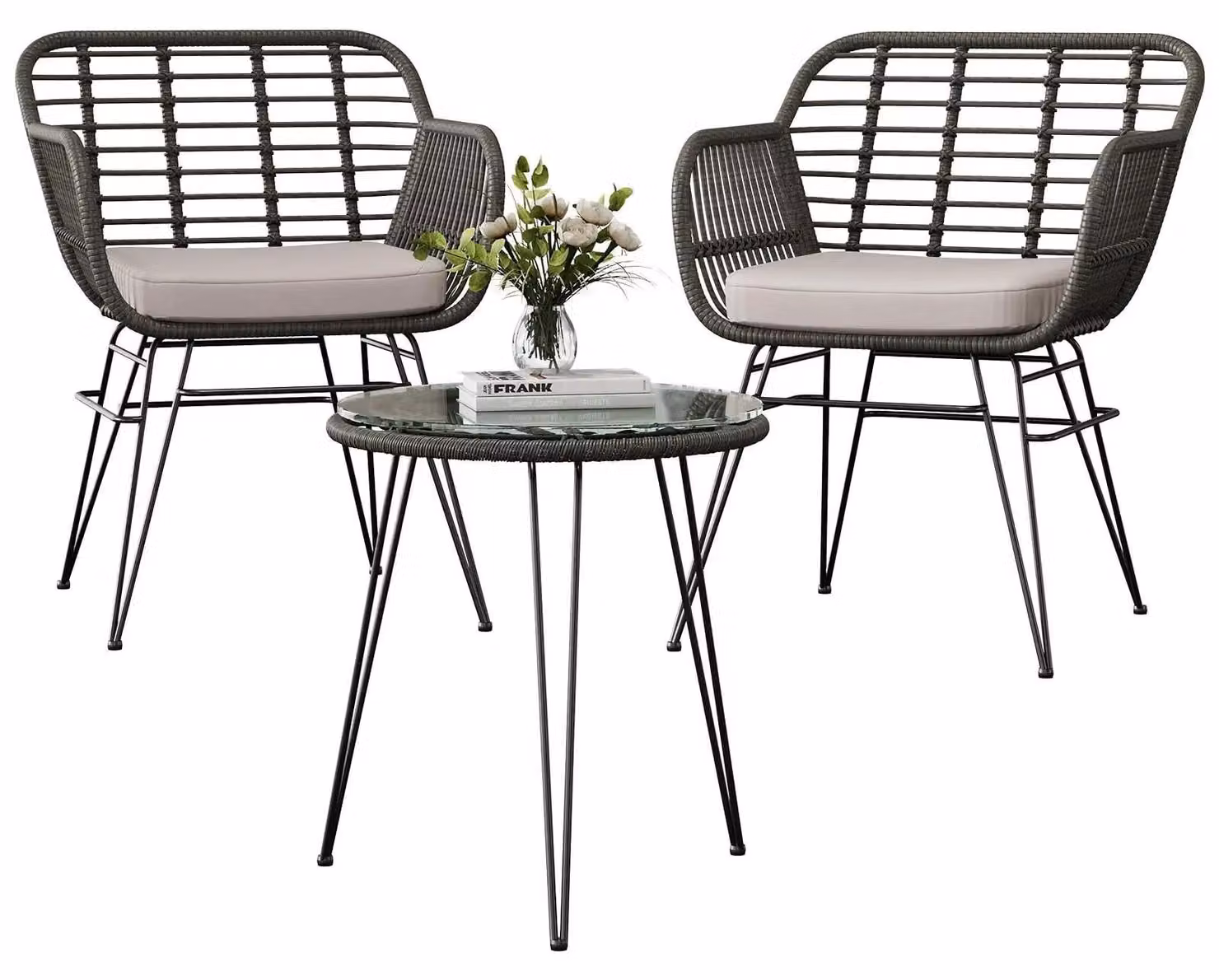 Set da bistrot in rattan sintetico per esterni - Set di mobili da giardino composto da 3 pezzi - 2 poltrone + tavolino in vetro - Struttura in metallo - Cuscini resistenti all'acqua - Grigio