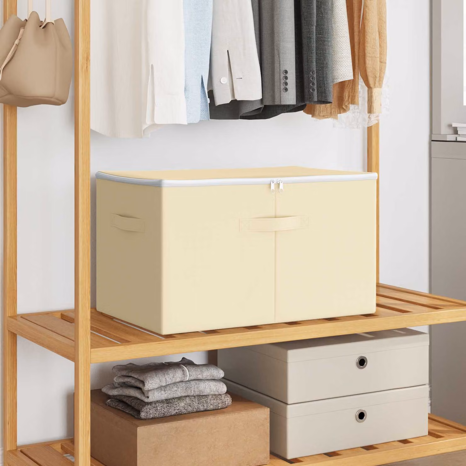 Set di 2 scatole di stoccaggio pieghevoli vidaXL in tessuto non tessuto beige L: 60 cm, P: 43 cm, H: 35 cm