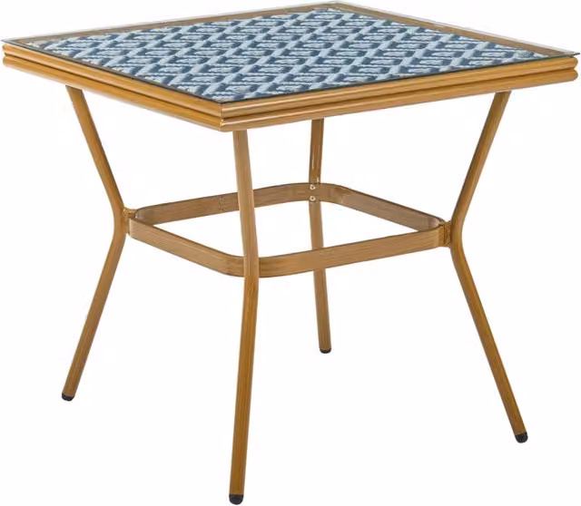 Tavolo da giardino in rattan PE blu e bianco con piano in vetro temperato struttura in alluminio 80 x 80 cm arredo da esterno