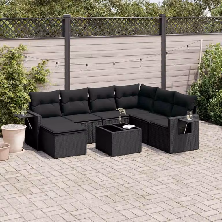 vidaXL Set Divani da Giardino a L con Cuscini 8 pz Nero in Polyrattan e Metallo