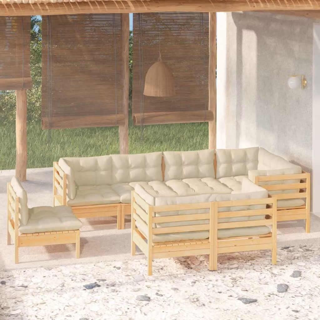 The Living Store Set da giardino da 8 pezzi con cuscini crema in legno di pino massiccio