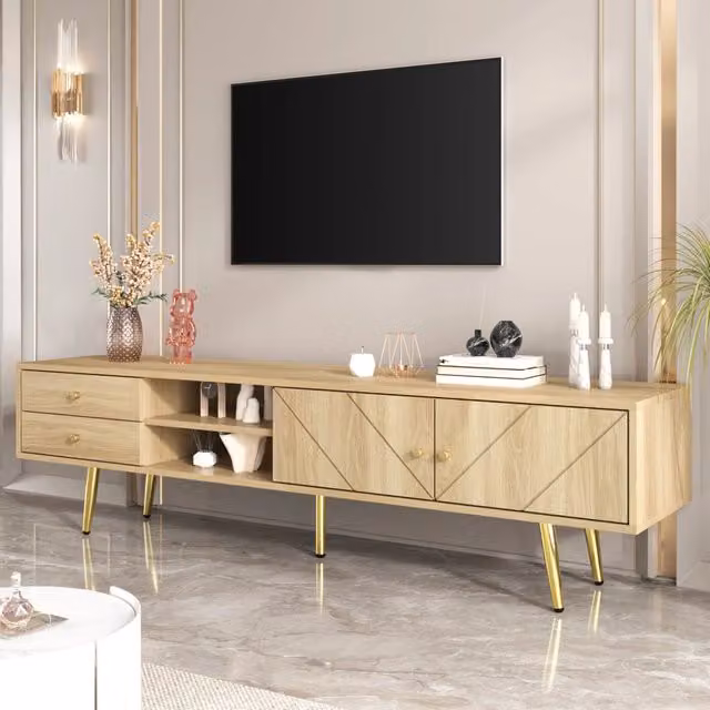 Mobile TV con due cassetti due ante e vani aperti in MDF e pannello truciolare color legno con piedi dorati