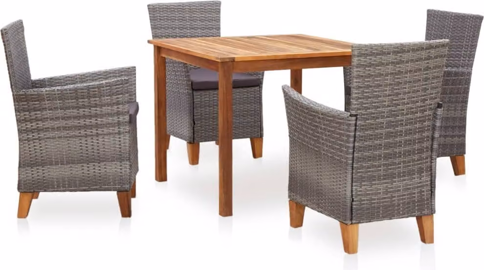 The Living Store Set da pranzo da giardino 5 pezzi in poly rattan e legno massiccio grigio acacia