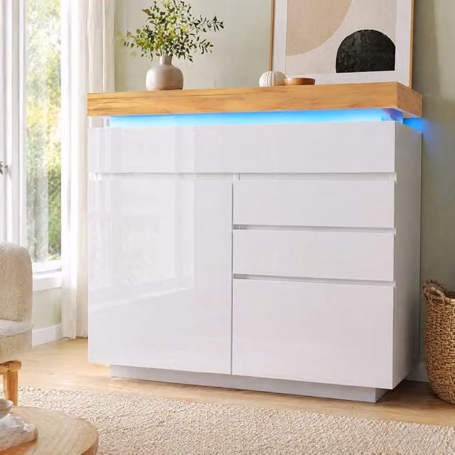 Madia Mivray moderna in MDF bianco lucido con 2 ante, 3 cassetti e illuminazione LED controllabile tramite app, L: 110 cm, P: 39 cm, H: 115 cm
