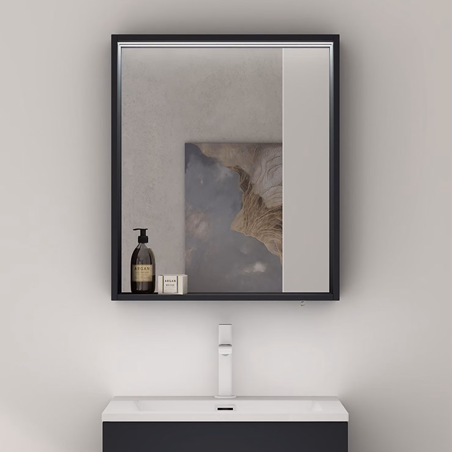 doporro Armadietto a Specchio con Luce 60x12x70cm, Specchio da Parete con Luce LED e Ripiano in Legno Antracite opaco Spiegelschrank-01
