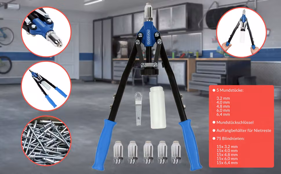 Set Pinza per Rivetti Monzana in Alluminio Blu con 5 Teste di Rivetti – 2