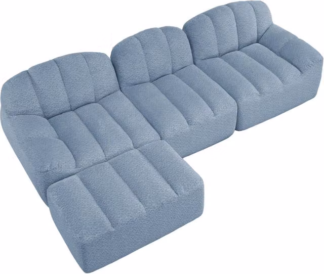 Divano modulare angolare 3 posti con pouf, schiuma ad alta densità 32D, tessuto blu morbido per soggiorno