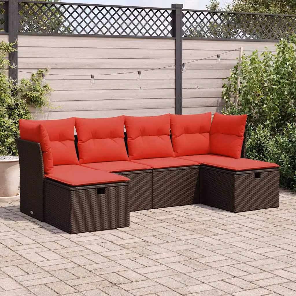 Set Divano da Giardino vidaXL 6 pz a L con Cuscini Marrone e Rosso in Polyrattan e Metallo