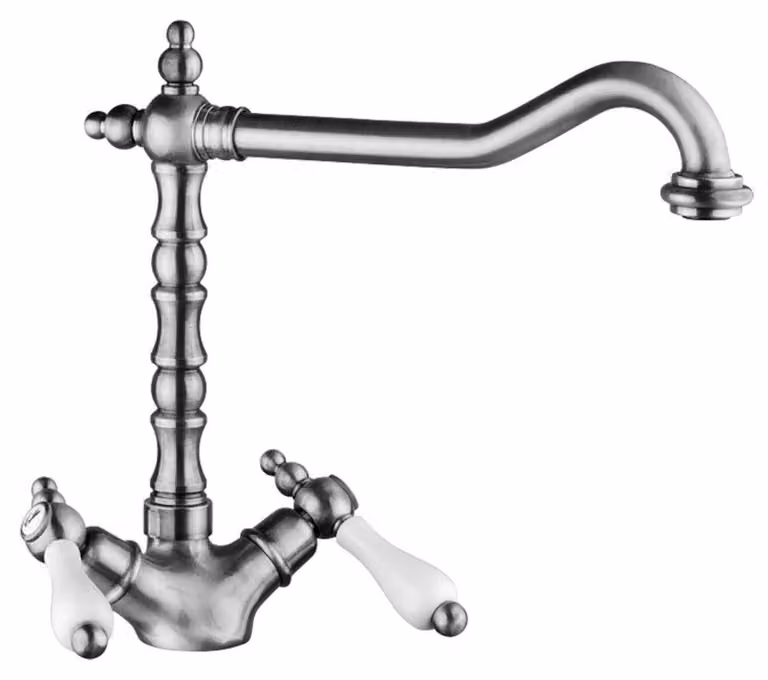 Rubinetto per lavello in stile Art Nouveau, marca Casa Padrino, miscelatore a due maniglie, colore argento/bianco, altezza 26,5 cm - Rubinetto per la cucina