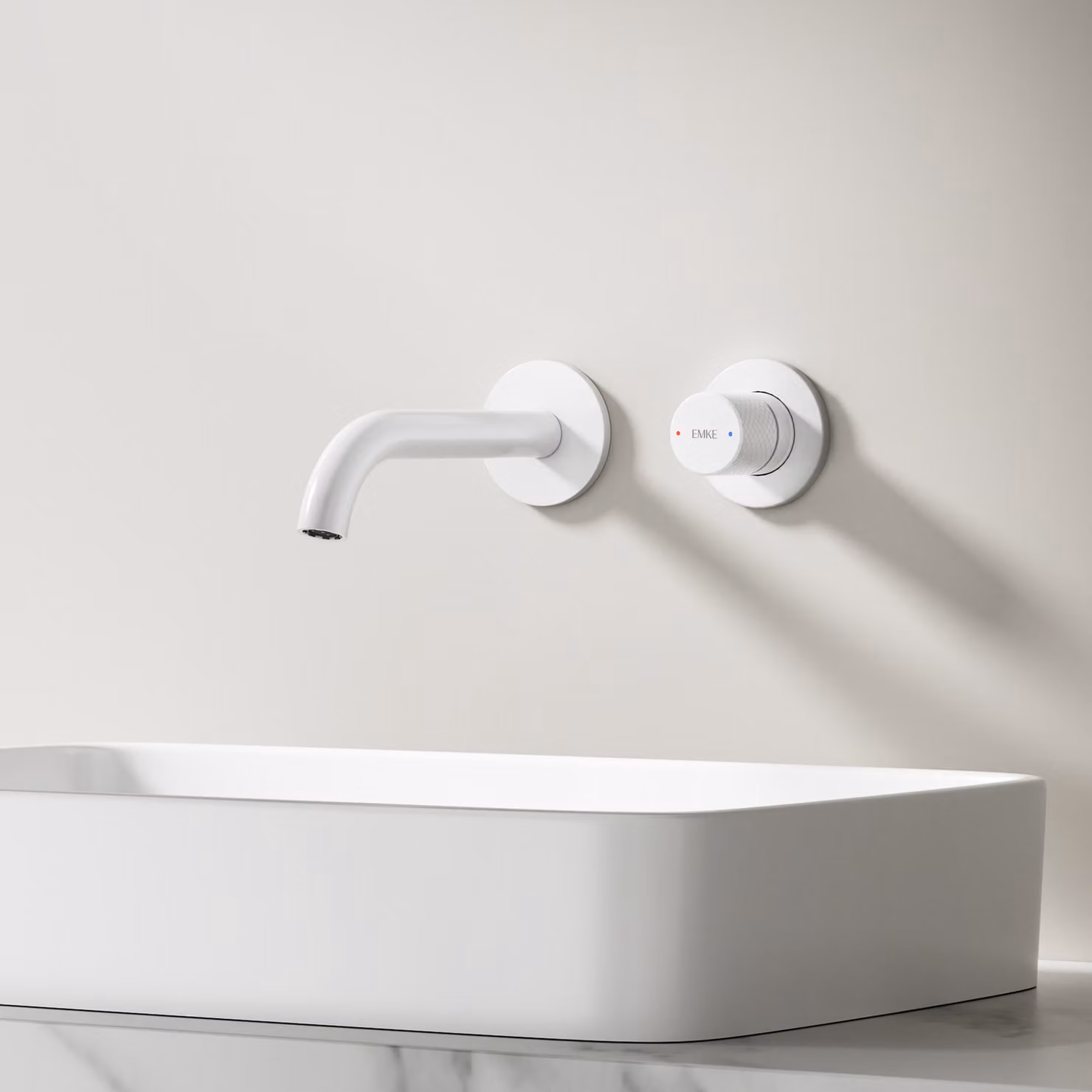 EMKE rubinetto da incasso a parete, orientabile a 360°, rubinetto a 2 fori in ottone per bagno, montaggio a parete per lavabo, 288 x 210 x 70 mm, bianco