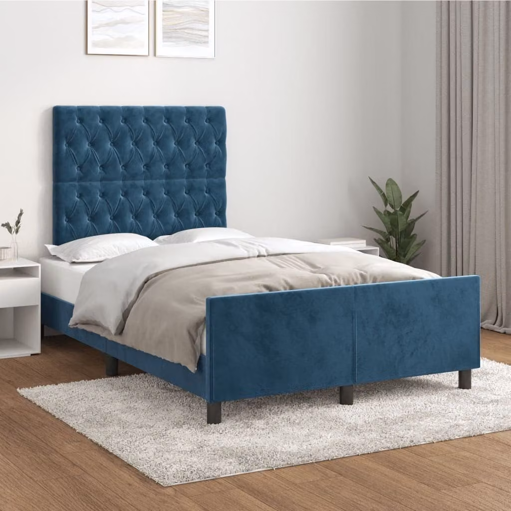 The Living Store Struttura letto con testiera in velluto blu scuro 120x200 cm