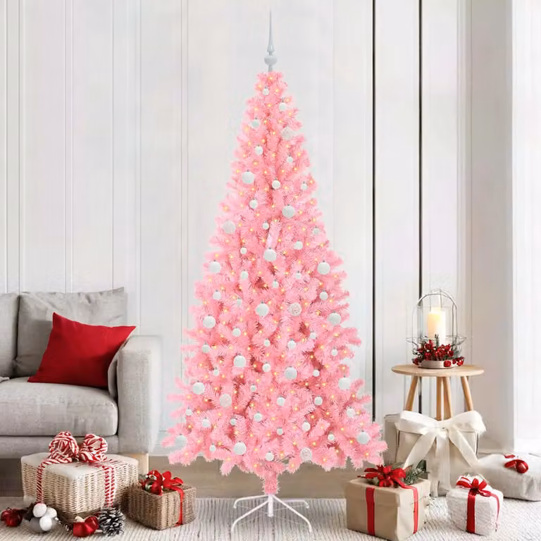 Albero di Natale moderno vidaXL rosa con luci LED bianco caldo in PVC, Altezza: 210 cm