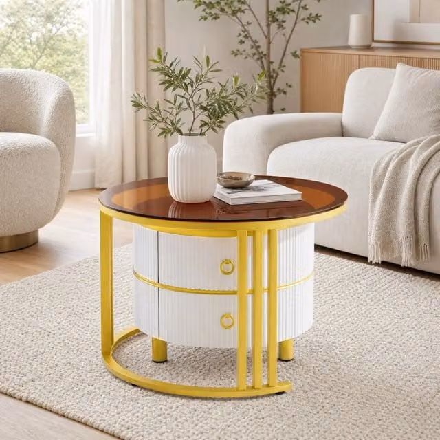 Tavolino da caffè rotondo 2 in 1 70/50 cm bianco, 2 cassetti, vetro temperato e MDF