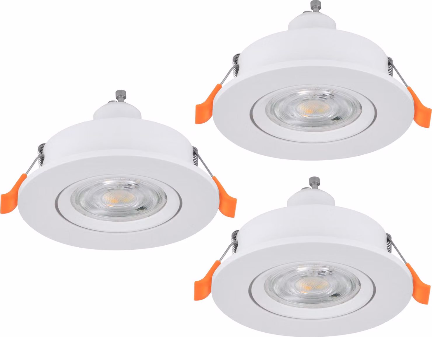 Set di 3 faretti LED da incasso Barranco, ideali per l'illuminazione del soggiorno. Faretti da soffitto orientabili, realizzati in plastica bianca, con luce bianco caldo, inclusi i lampadine GU10