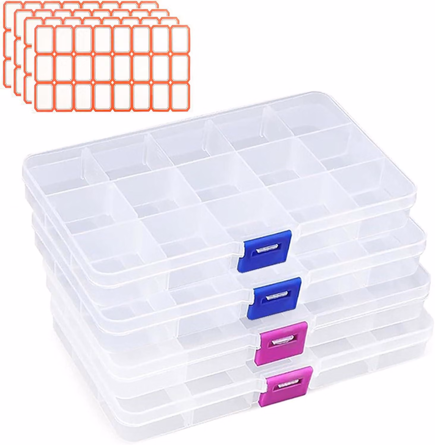 Contenitori portaoggetti con 15 scomparti, confezione da 4 pezzi, in plastica trasparente, con 24 etichette, ideali per viti