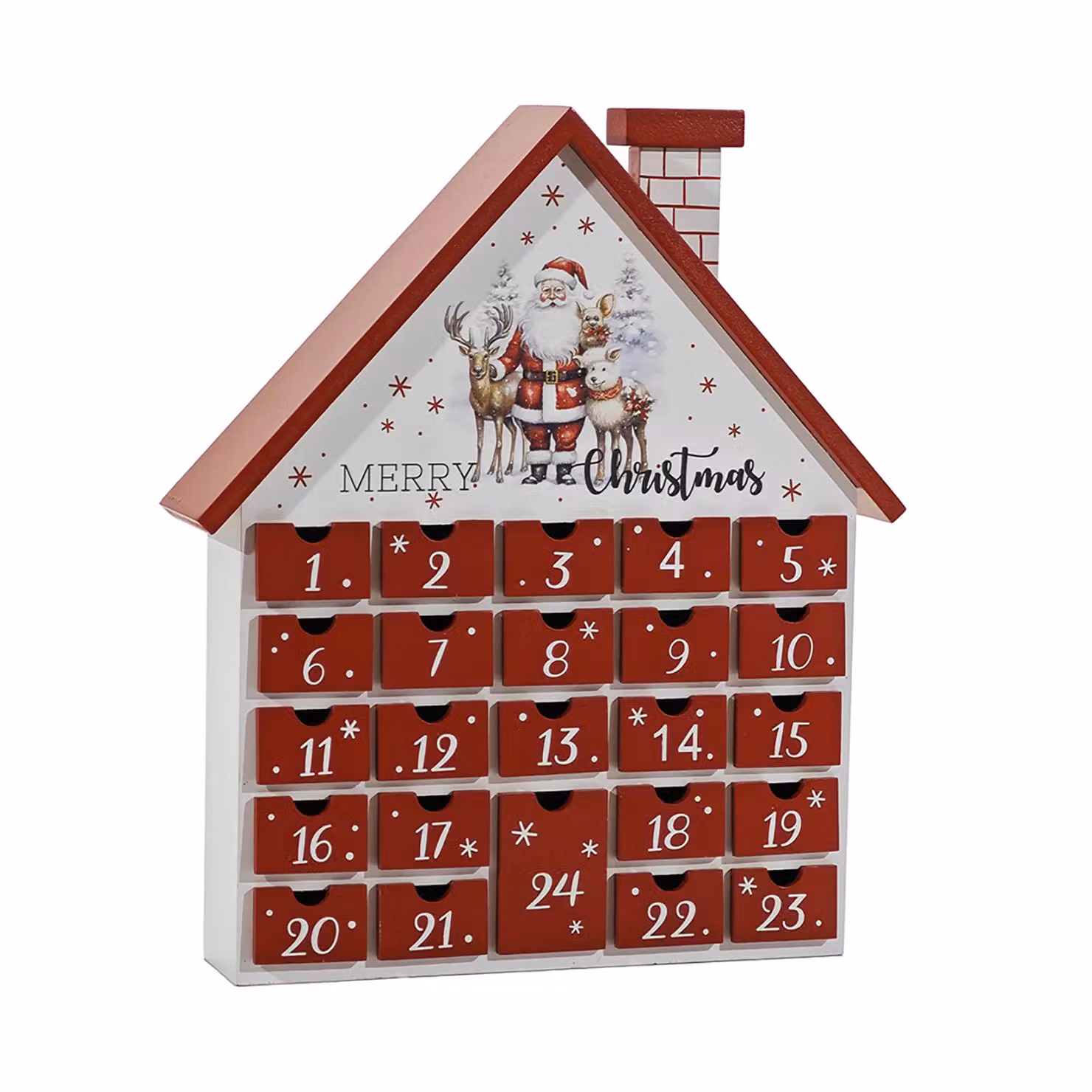 Calendario dell'Avvento Casa Natale VESTIAMO CASA in legno, rosso e bianco, Altezza: 34 cm – 1