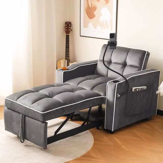 Divano letto 3-in-1 REDOM in tessuto grigio con pouf estraibile e braccioli, L: 167 cm, P: 83 cm, H: 76 cm – 1