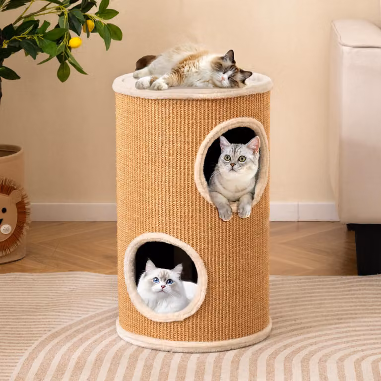 Fusto tiragraffi COSTWAY, Ø 36 cm, altezza 59,5 cm, fusto per gatti a 4 livelli con tiragraffi in sisal, 3 grotte per gatti, letto in peluche e bordo in peluche, per gatti fino a 15 kg