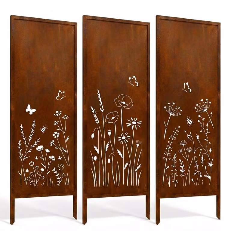 Pannello decorativo da esterno in metallo, effetto Corten, modello "Butterfly Meadow" (3 pezzi), dimensioni 160x50 cm, tagliato al laser, ideale come elemento decorativo e perimetrale