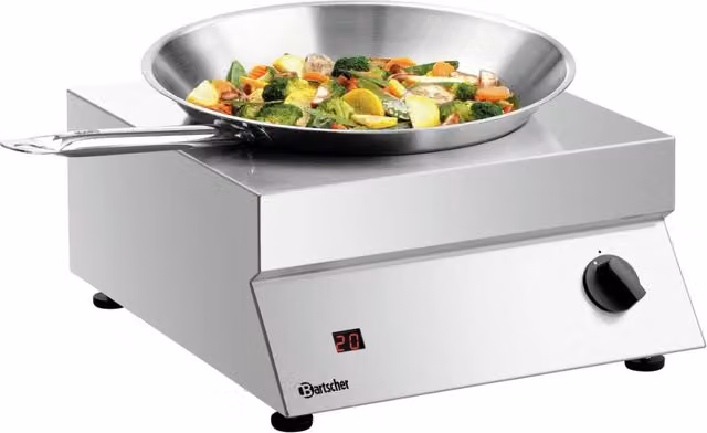 Wok a induzione Bartscher in acciaio inox e vetro color argento con display digitale e protezione da surriscaldamento