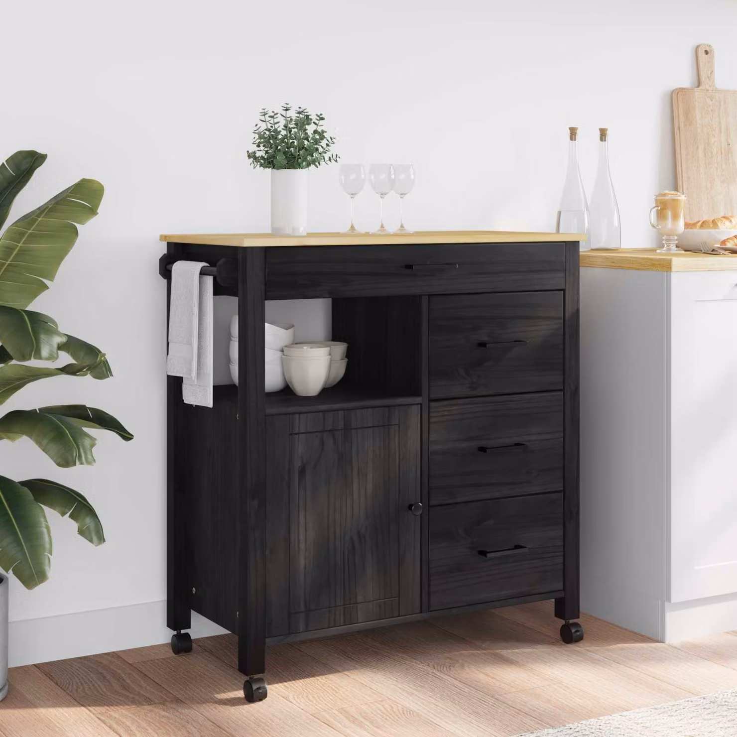 Carrello da cucina moderno vidaXL MONZA in legno di pino nero L: 84 cm, P: 40 cm, H: 88,5 cm – 1