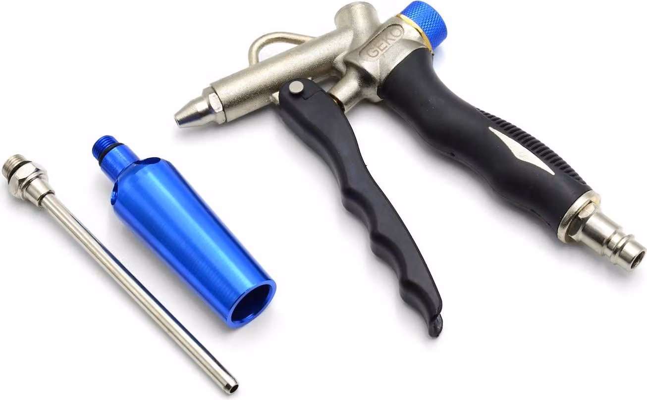 Pistola ad aria Venturi con regolatore di flusso - Portata d'aria elevata a basso consumo, design robusto, impugnatura gommata, attacco da 1/4", pressione di esercizio 3-12 bar.