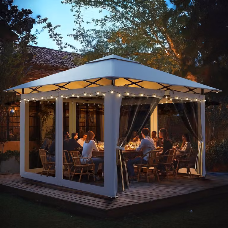 Gazebo da esterno 3x3 metri con zanzariere, protezione UV, altezza regolabile, realizzato in metallo e tessuto Oxford, colore bianco