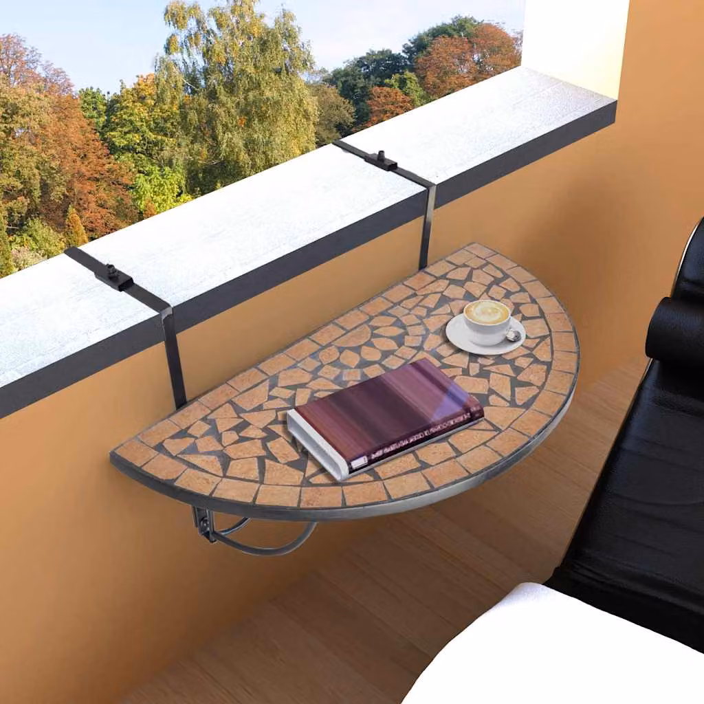 vidaXL Tavolo da Balcone Sospeso in Ceramica con Mosaico Multicolore e Struttura in Acciaio Verniciato a Polvere