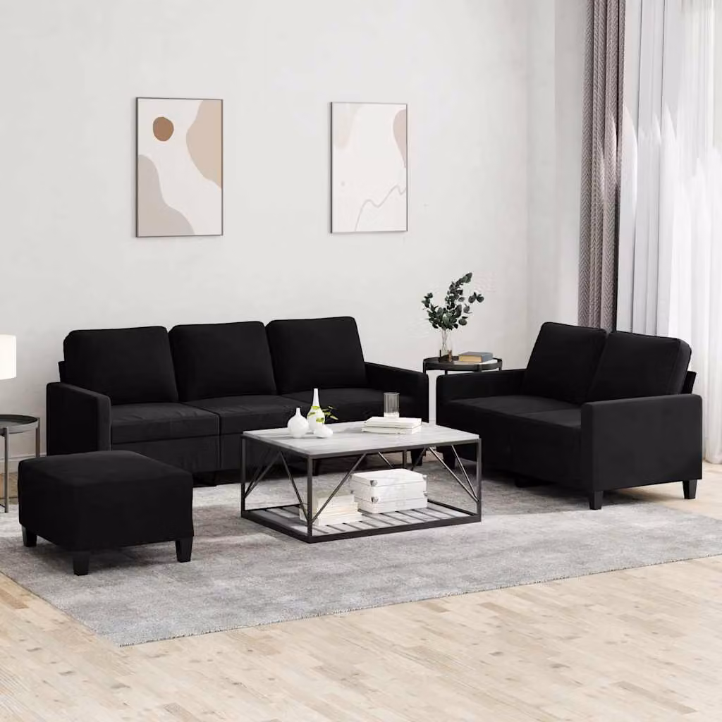 Set di divani vidaXL 3 pezzi in velluto nero con pouf e cuscini per soggiorno – 1