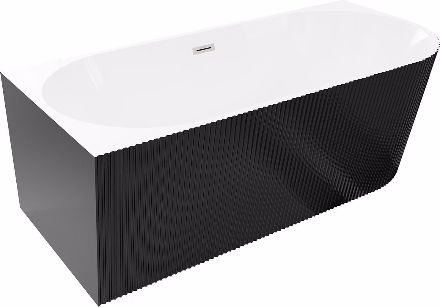 Mexen Silo vasca da bagno freestanding angolare sinistra scanalata 150 x 75 cm, bianca/nera, troppo pieno nichel spazzolato