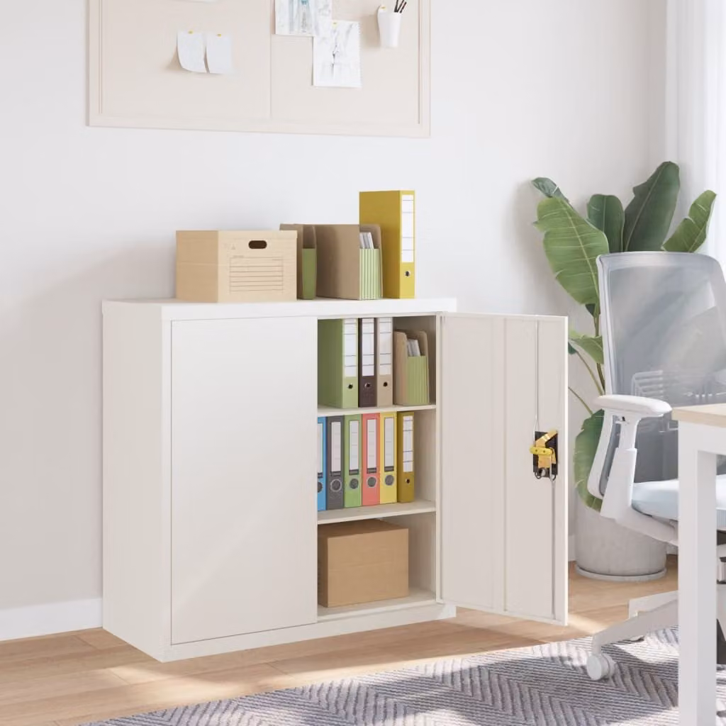 Armadio Classificatore vidaXL in Metallo Bianco con Ante a Battente e Ripiani Regolabili L: 90 cm, P: 40 cm, H: 90 cm