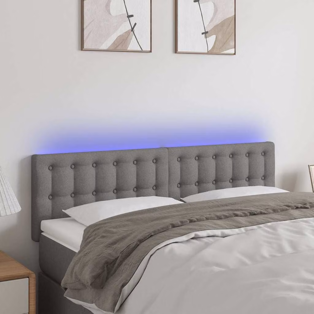 Testiera per letto vidaXL in tessuto grigio con illuminazione LED e porta USB, L 144 x P 5 x H 78/88 cm
