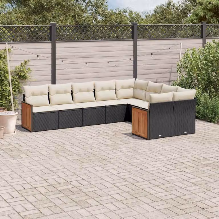 Set di Divani da Giardino a L vidaXL 9 pz con Cuscini Nero e Struttura in Metallo e Legno di Acacia