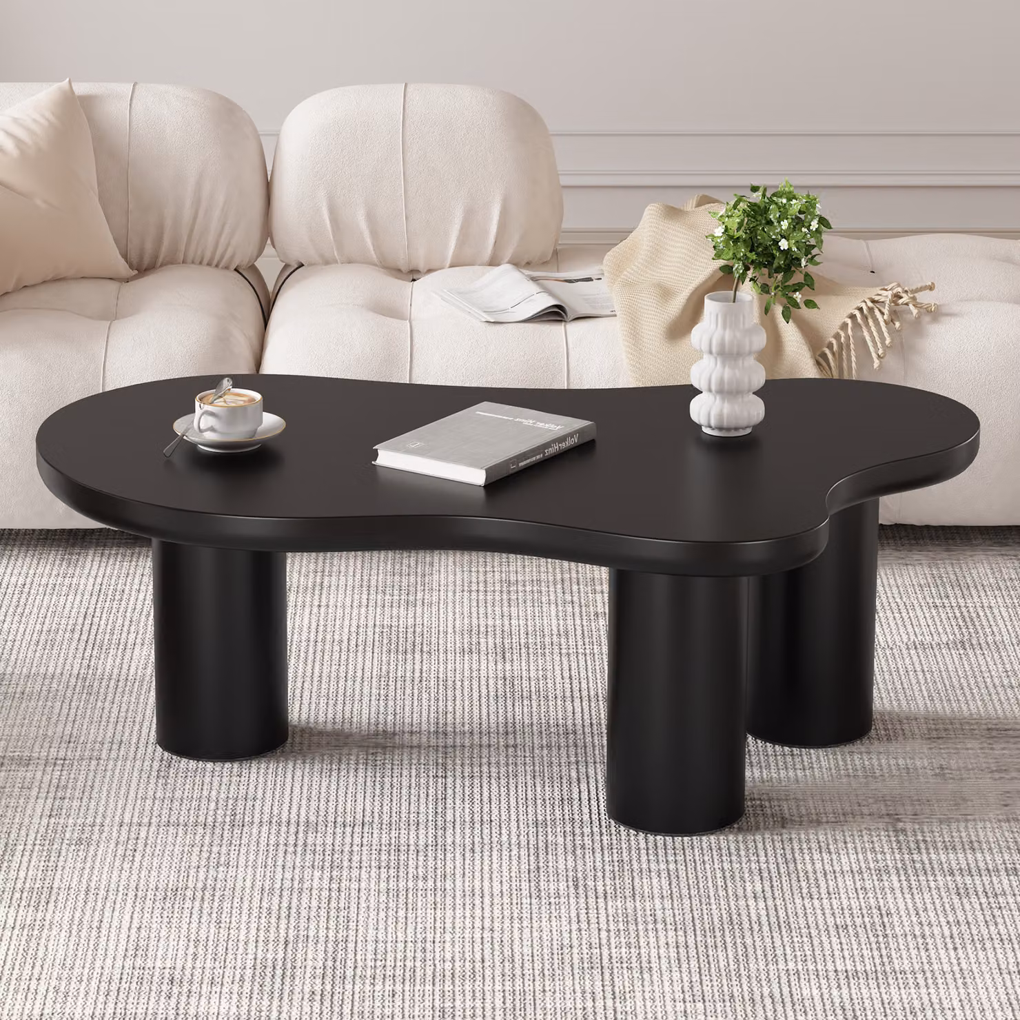 Tavolino Merax a forma di nuvola 107x66 cm - tavolino di design in MDF, con angoli arrotondati e 3 robuste gambe cilindriche, nero