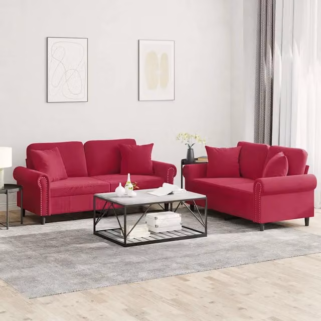 Set di Divani 2 pz con Cuscini Rosso Vino in Velluto 3202234