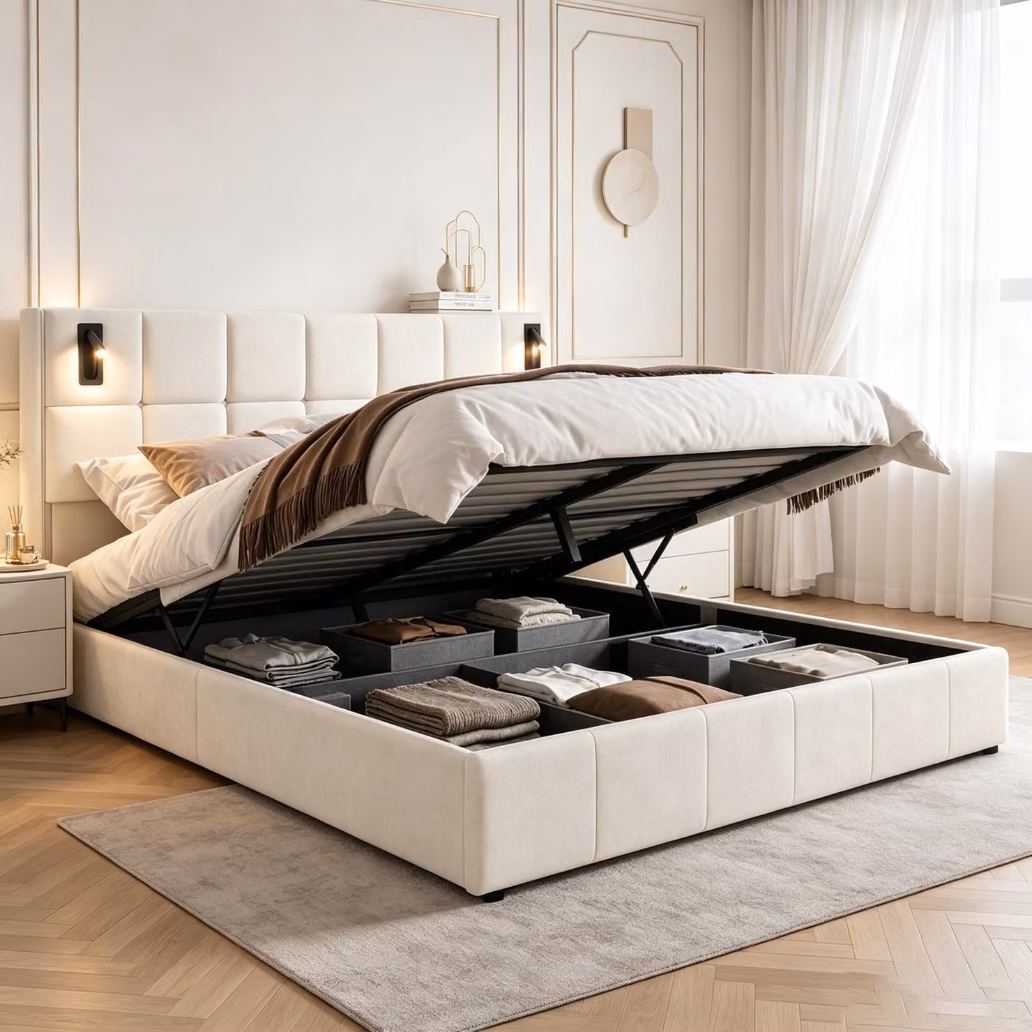 Letto matrimoniale 160x200 cm con sistema di sollevamento idraulico, imbottito con cassettone, dotato di luce da lettura, ideale per ragazzi, struttura in velluto, colore beige