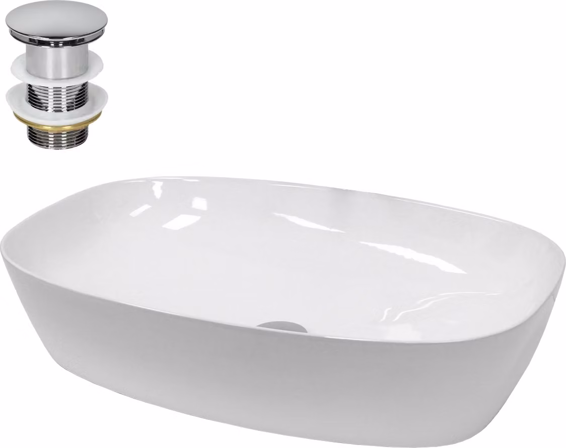 Lavabo LuxeBath Lavabo da appoggio ovale, 60,5x38x14 cm, bianco, in Vetroceramica, incl. set di scarico senza troppopieno