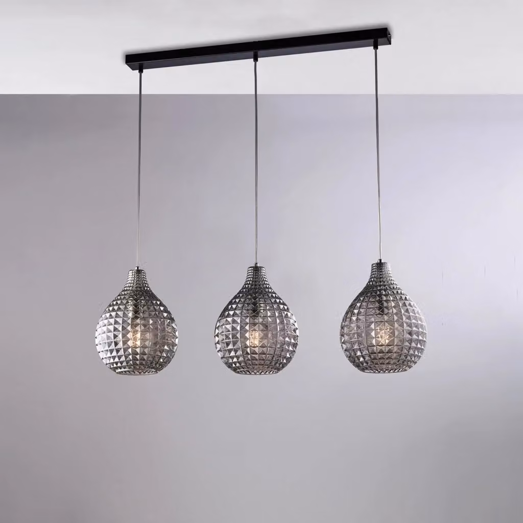 Lampada a sospensione Diamante BELIGHT con 3 luci, binario in metallo nero e vetro grigio specchiato, altezza regolabile – 2