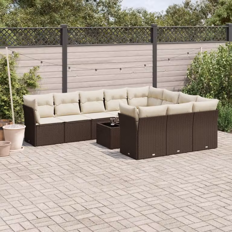 vidaXL Set Divani da Giardino 11 pz a Forma a U con Cuscini e Tavolino, Polyrattan Marrone e Bianco