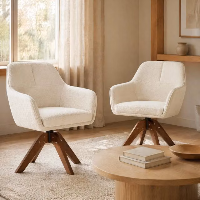 Set di 2 sedie da pranzo girevoli a 360 gradi Mivray in tessuto beige con braccioli e gambe in legno di quercia