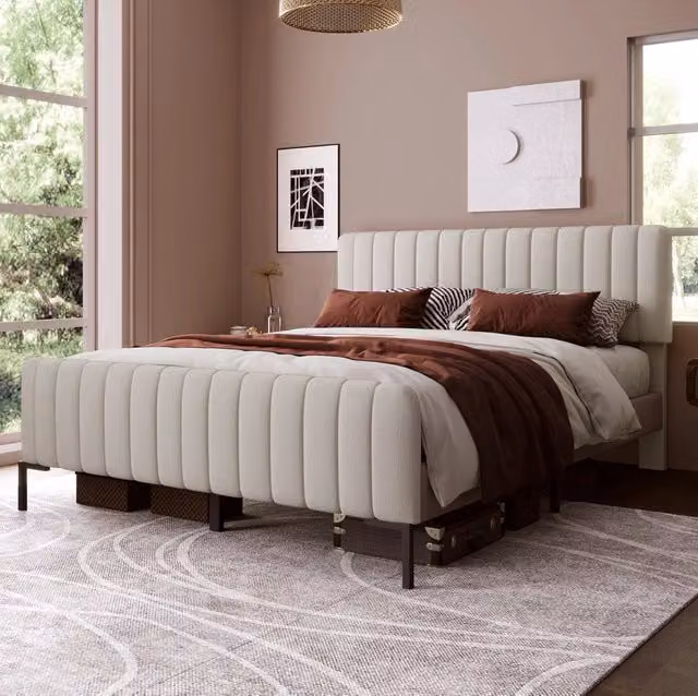 Letto imbottito 160 x 200 cm grigio-beige con materasso e testiera regolabile