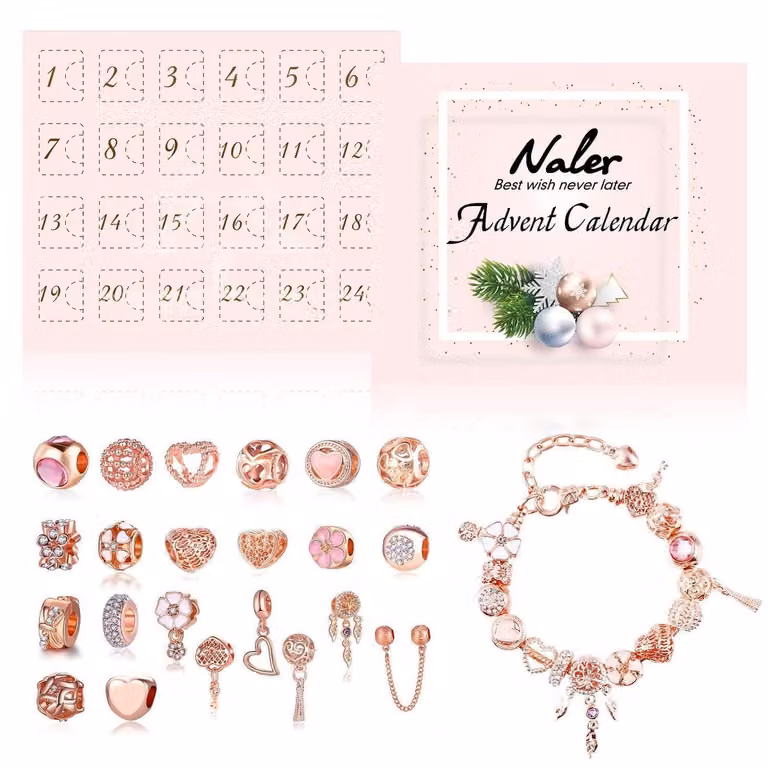 Calendario dell'Avvento con gioielli, set da 24 pezzi, charms in oro rosa, perline di vetro, catene e bracciali