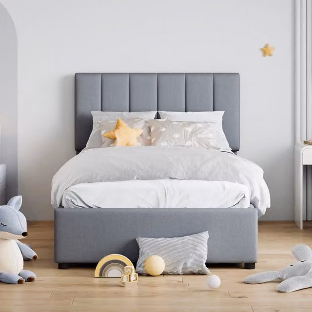 Letto singolo imbottito 90 × 200 cm con vano contenitore idraulico e testiera regolabile, senza materasso, lino grigio