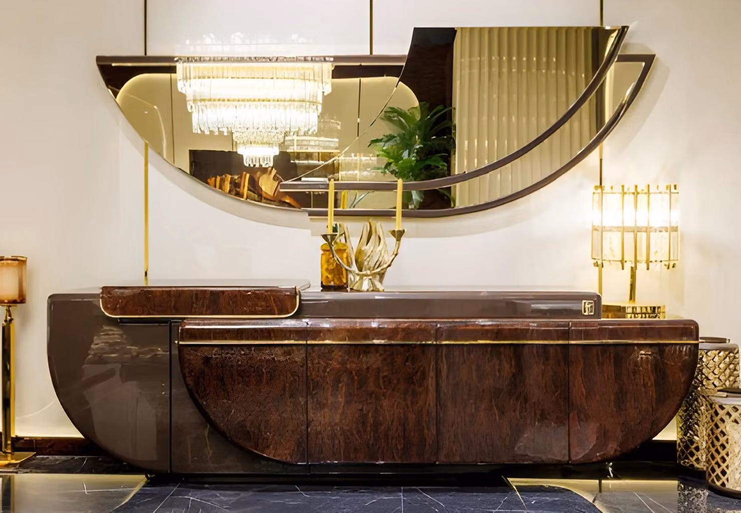 Elegante credenza marrone, raffinato specchio, salotto, cassettiere
