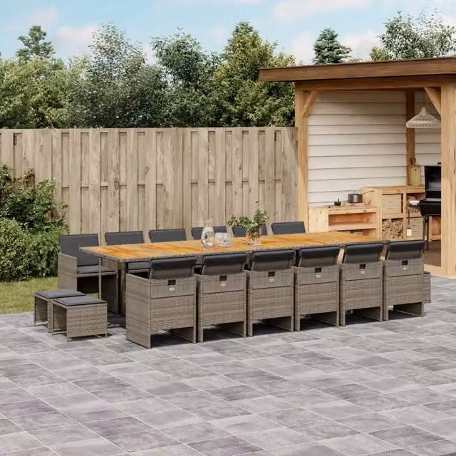 Set da pranzo da giardino vidaXL in polyrattan e legno di acacia con cuscini, colore grigio e marrone