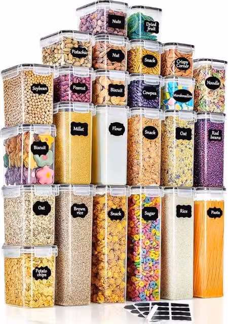 Set di contenitori in plastica a chiusura ermetica, 25 pezzi, organizzatore di cucina, con coperchio, adatto per la conservazione di muesli, farina, chicchi di caffè, cornflakes, spaghetti, ecc., dimensioni: 2,8 l, 2 l, 1,4 l, 0,8 l