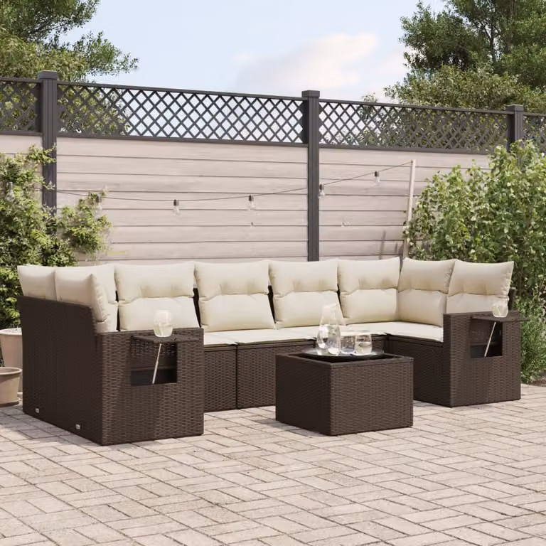 Set di divani da giardino vidaXL 8 pz in polyrattan marrone con cuscini e tavolino da esterno a forma di L